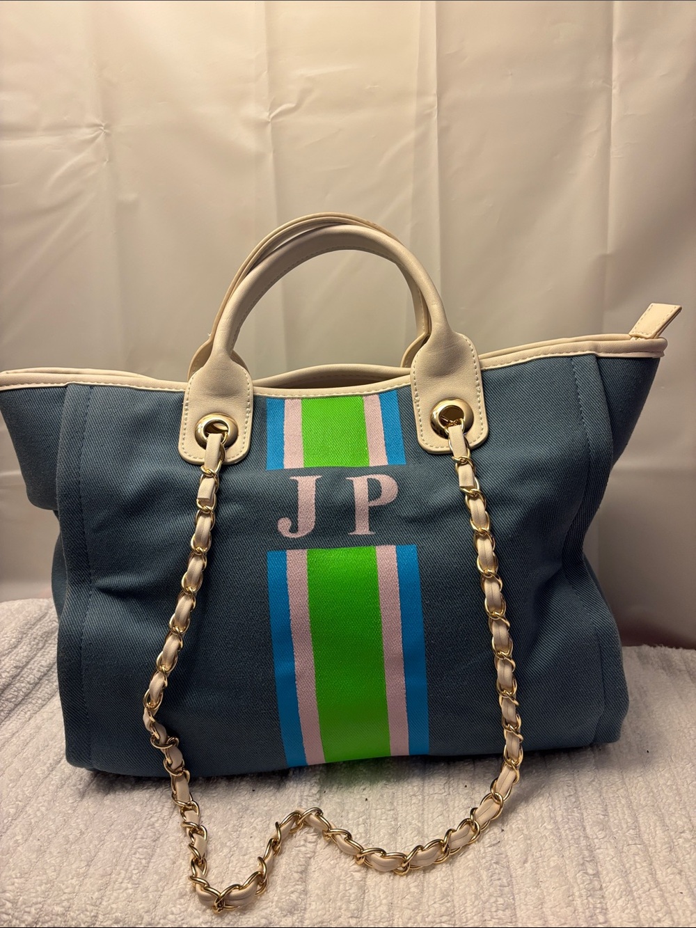 LILY & BEAN LONDON BLUE Canvas Tote with Green & Pink Stripe - JP Initials